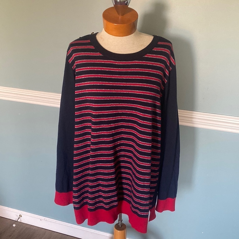 TALBOTS NAVY BLUE, RED,SILVER SPARKLE STRIPED SWEATER SIZE 3X. Holiday nautical